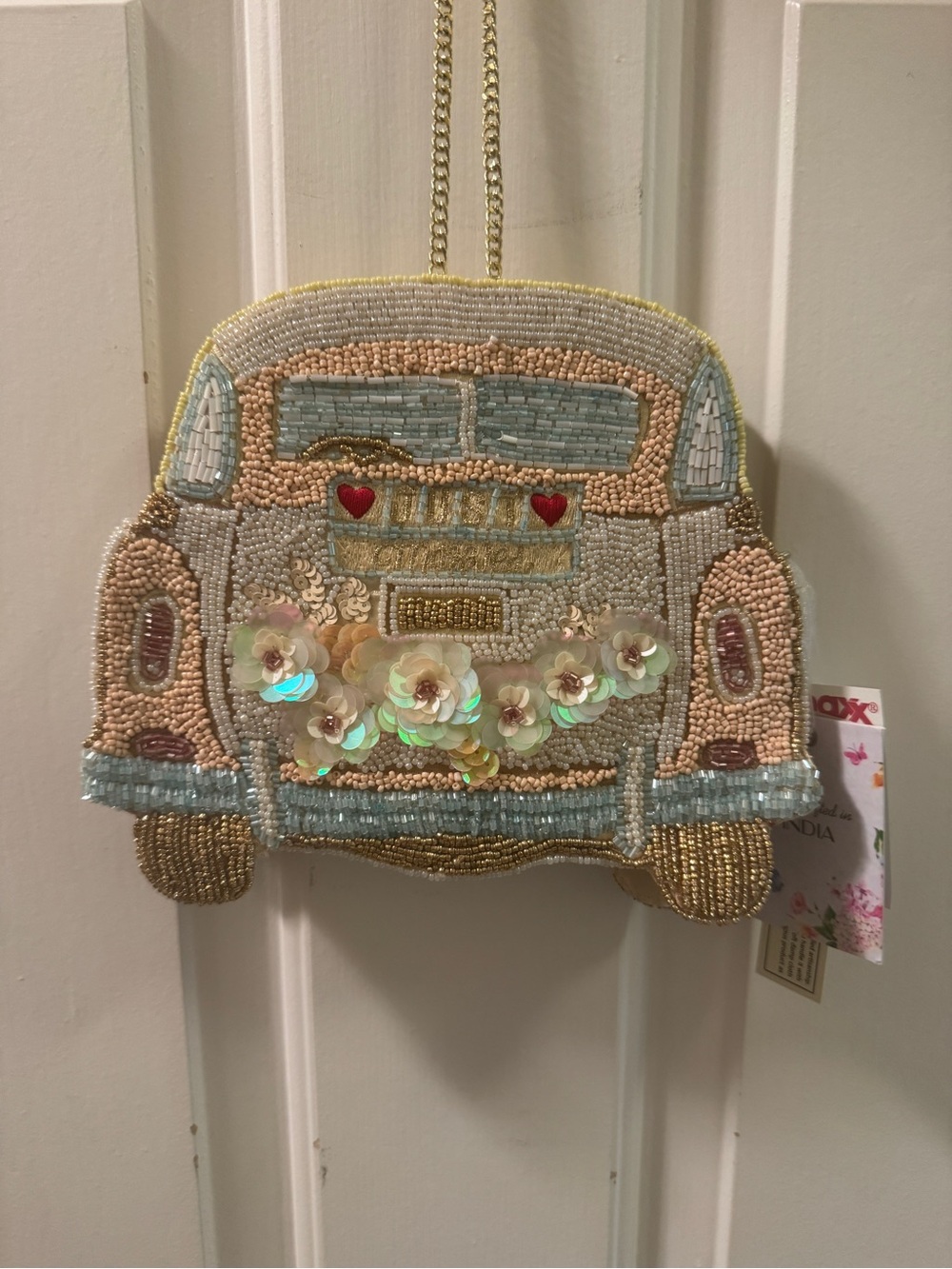 Just Married T.J.Maxx Beaded Floral Car Crossbody Bag in Pastel Blue, Pink, Gold